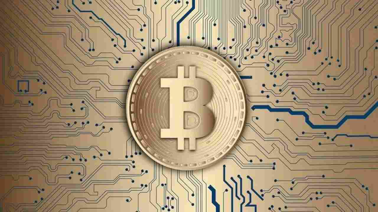 grafica di token Bitcoin su piastra circuiti di un microchip